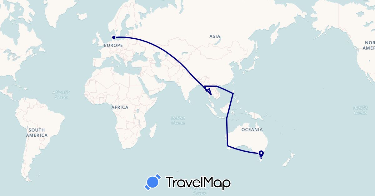 TravelMap itinerary: driving in Australia, Denmark, Indonesia, Myanmar (Burma), Nepal, Philippines, Thailand, Vietnam (Asia, Europe, Oceania)